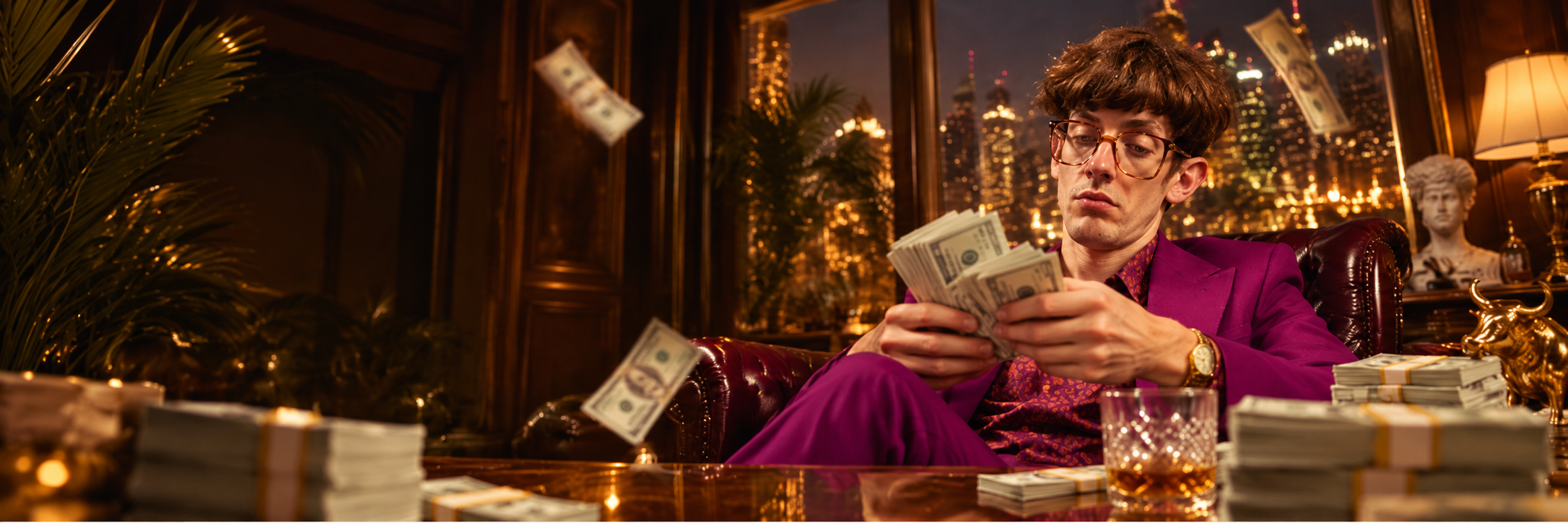 Valentino counts money in a dark luxury lounge surrounded by city lights, gold accents and stacks of cash
